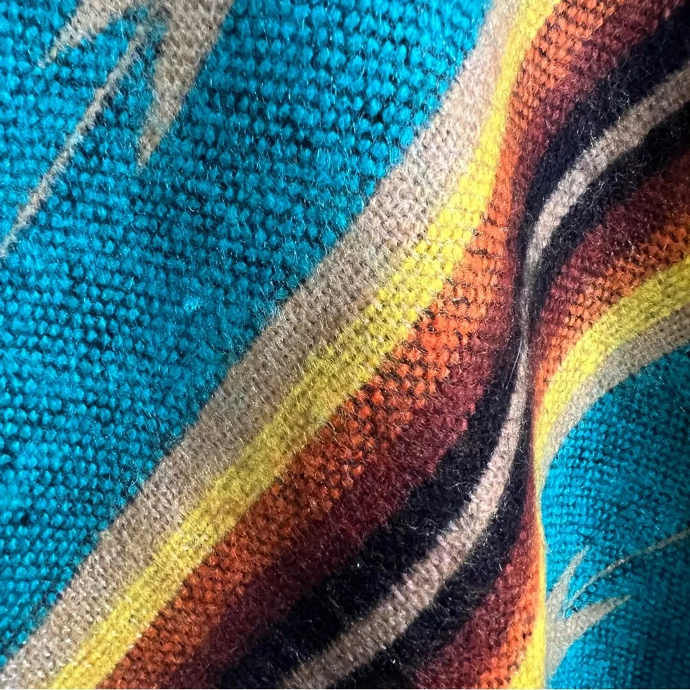Southwestern Print Soft Poncho Fringe Teal Yellow Festival Unisex One Size - Picture 2 of 10